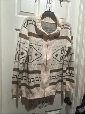 Unbranded Geometric Zip-Up Cardigan Sweater, Size L, Beige and Brown
